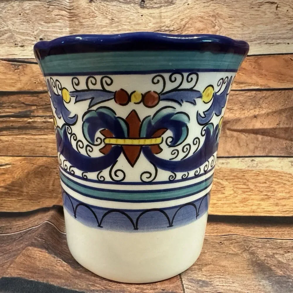 Pier 1 San Marino Coffee Mug Hand Painted Earthenware Blue Floral Flawed Base